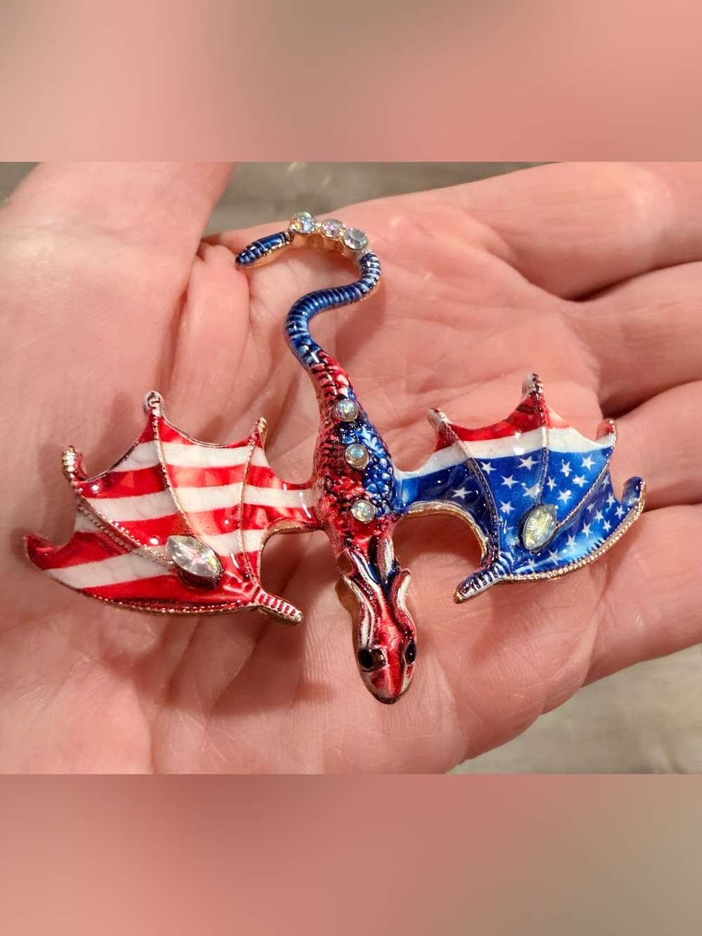 American flag dragon brooch with AB rhinestones, patriotic, red white & blue
